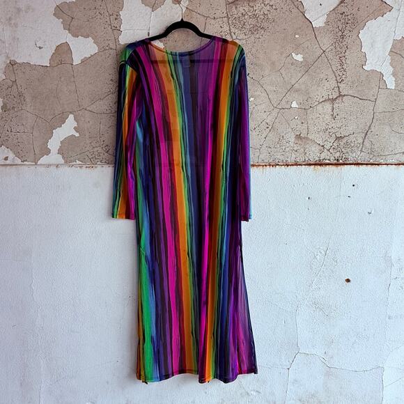 Rainbow Maxi Duster Sheer Mesh Swimsuit Cover Up Long Cardigan Womens L Festival - Picture 6 of 6